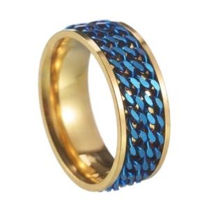 Men’s Blue Chain Spinner Ring – 18K Gold Plated Stainless Steel Fidget Band